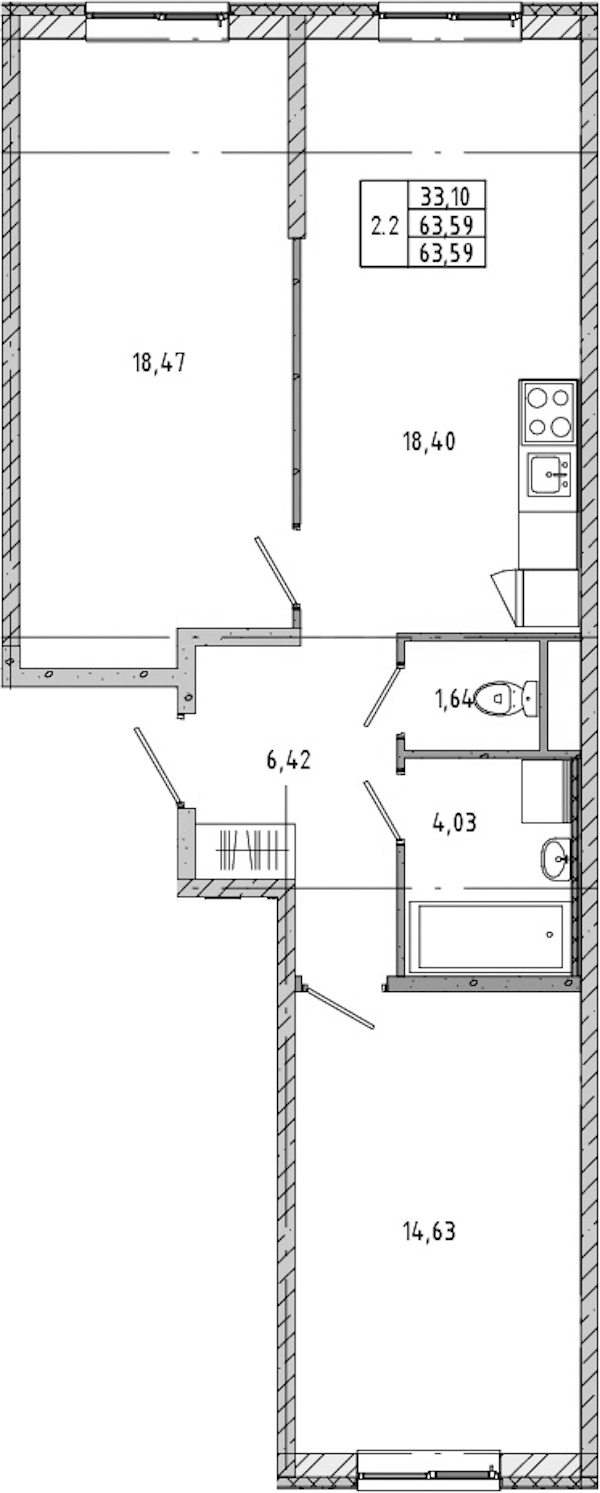 2-комнатная квартира 65.16 м², 1/17 эт., ЖК «Новые горизонты 2»